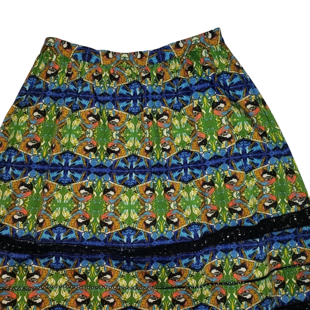 Sam Edelman Tulum Parrot Print Midi Skirt Size 12 Crochet Panels Bird Rockabilly